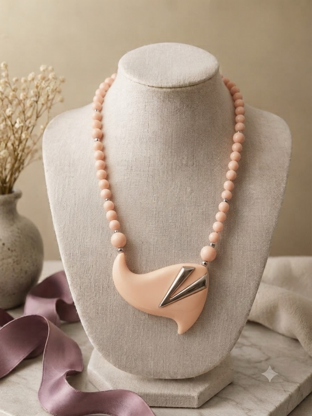Vintage Retro Peach Art Deco Statement Necklace Geometric Lucite Style
